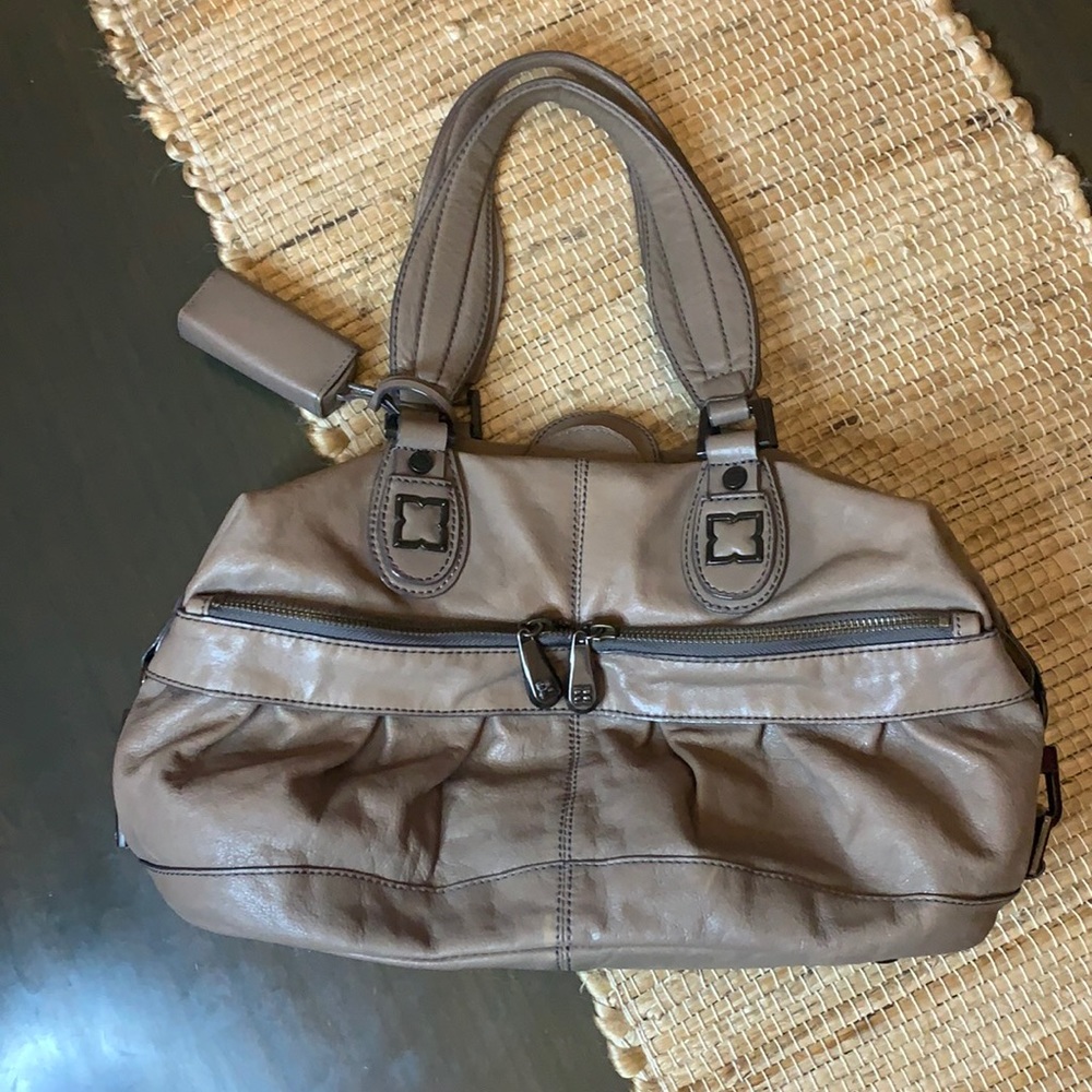 BCBG MaxAzria Smoke Gray Leather Handbag, EUC